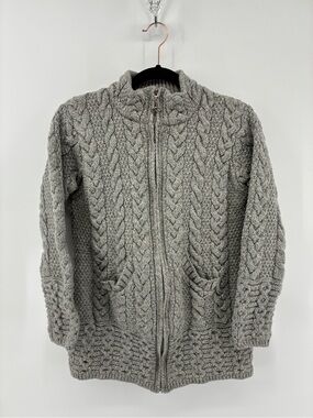 Aran Mor 100% Merino Wool Women's Gray Cable Knit Full Zip Cardigan